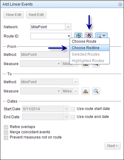 Typing the route ID from the redline